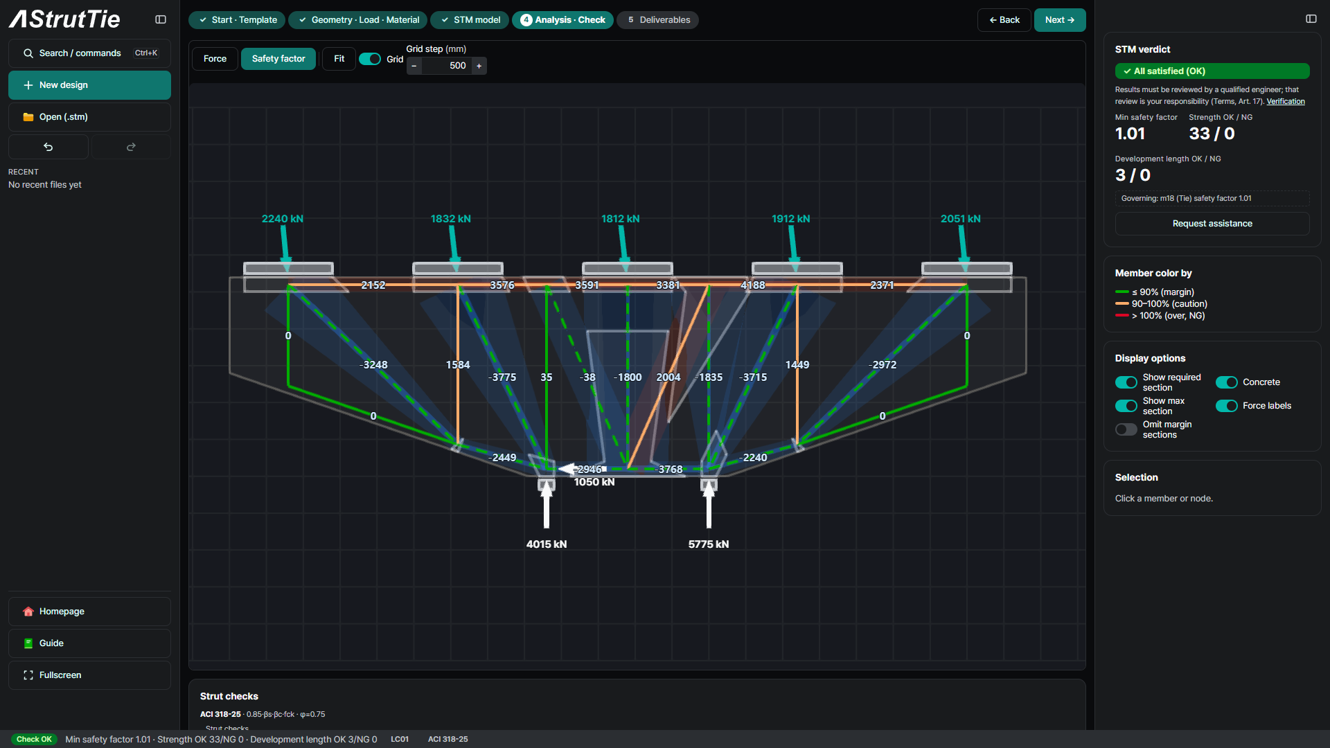 Coping analysis results with member forces and STM verdict