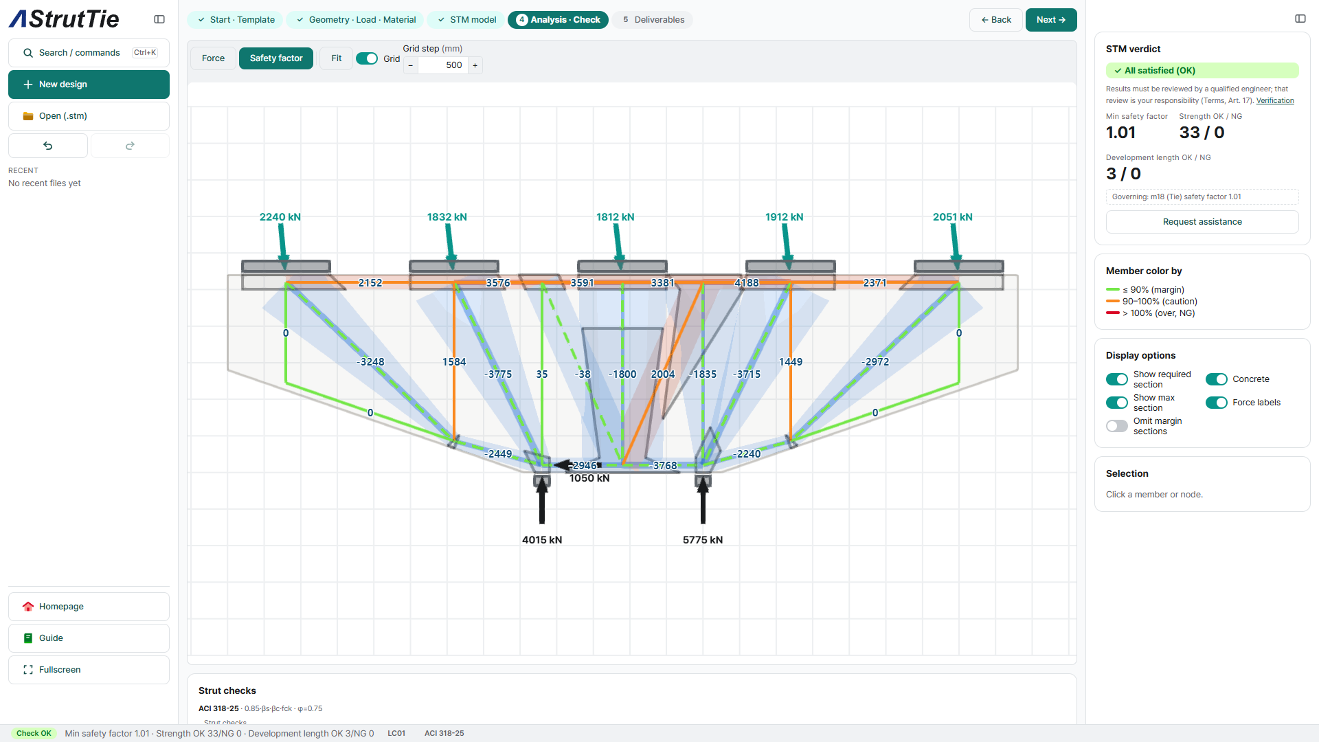 Coping analysis results with member forces and STM verdict
