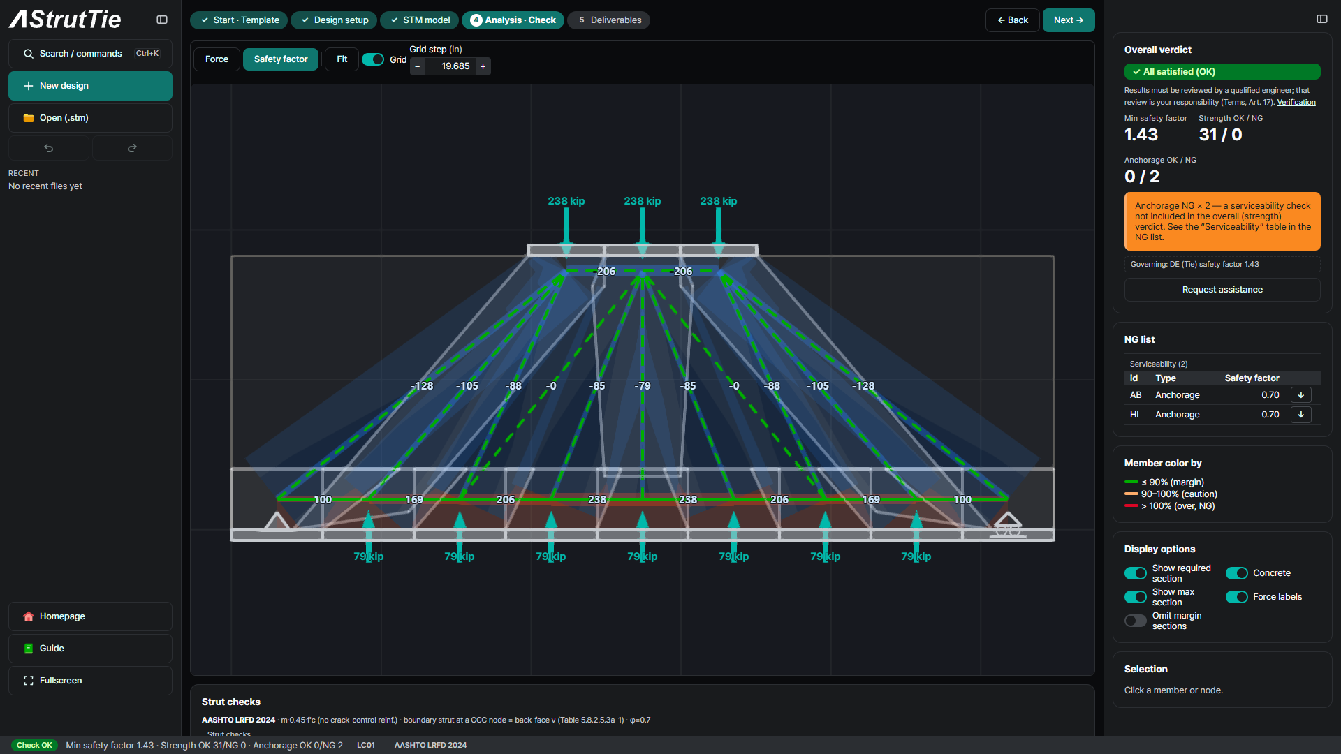Spread footing analysis results with member sections and overall verdict