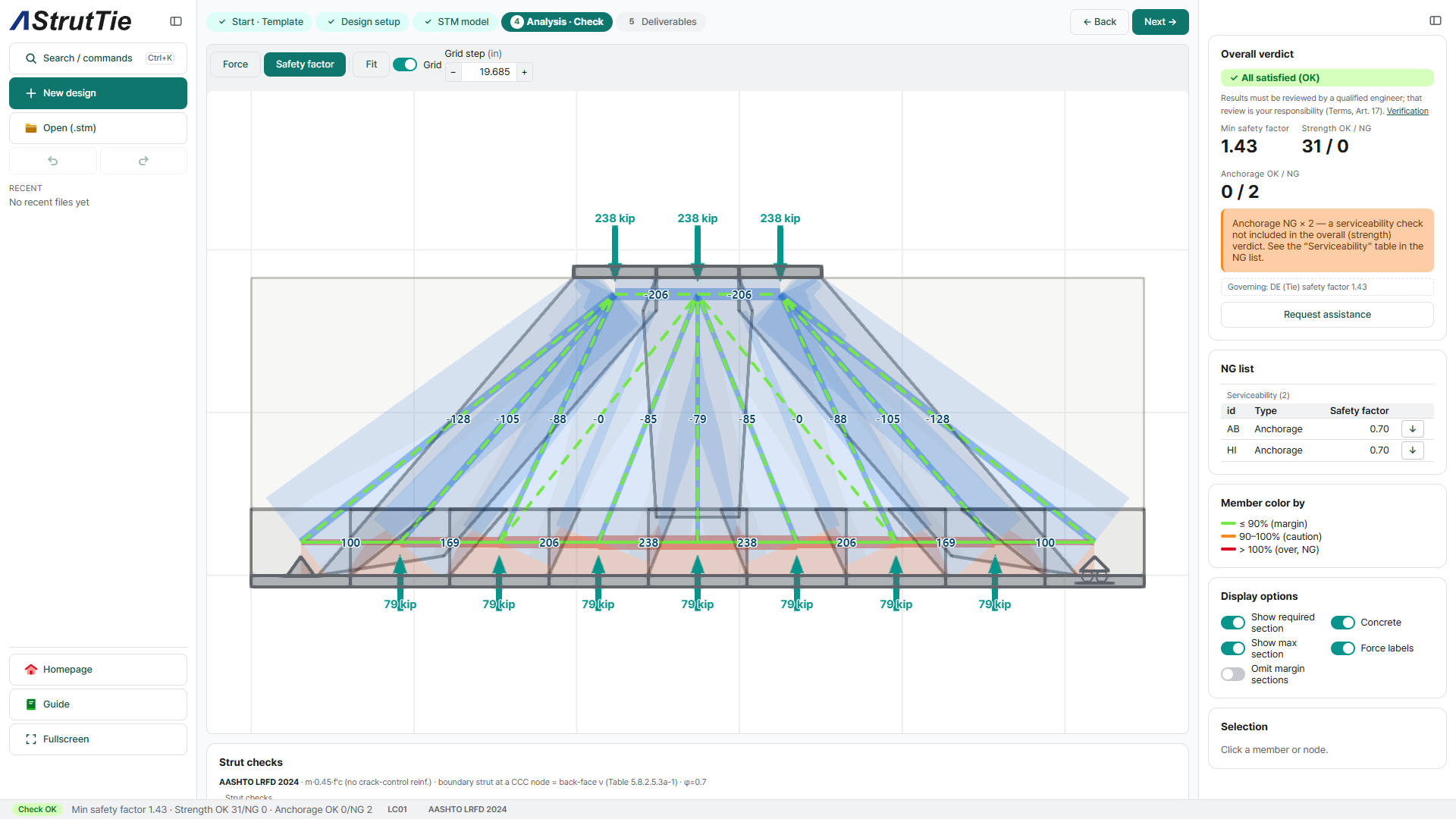 Spread footing analysis results with member sections and overall verdict