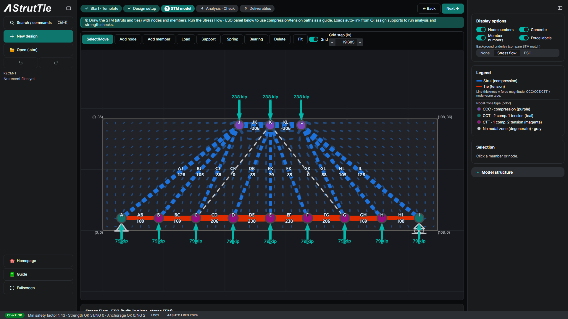 PCA EB231 Example 2 strut-and-tie model of the spread footing in AStrutTie