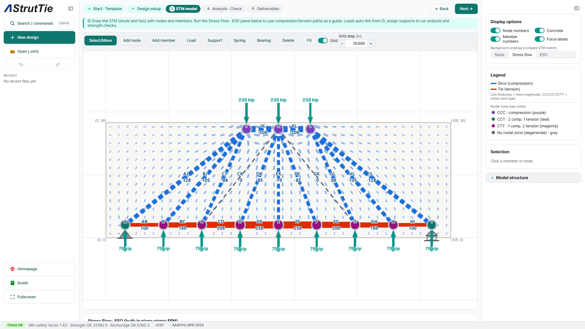 PCA EB231 Example 2 strut-and-tie model of the spread footing in AStrutTie