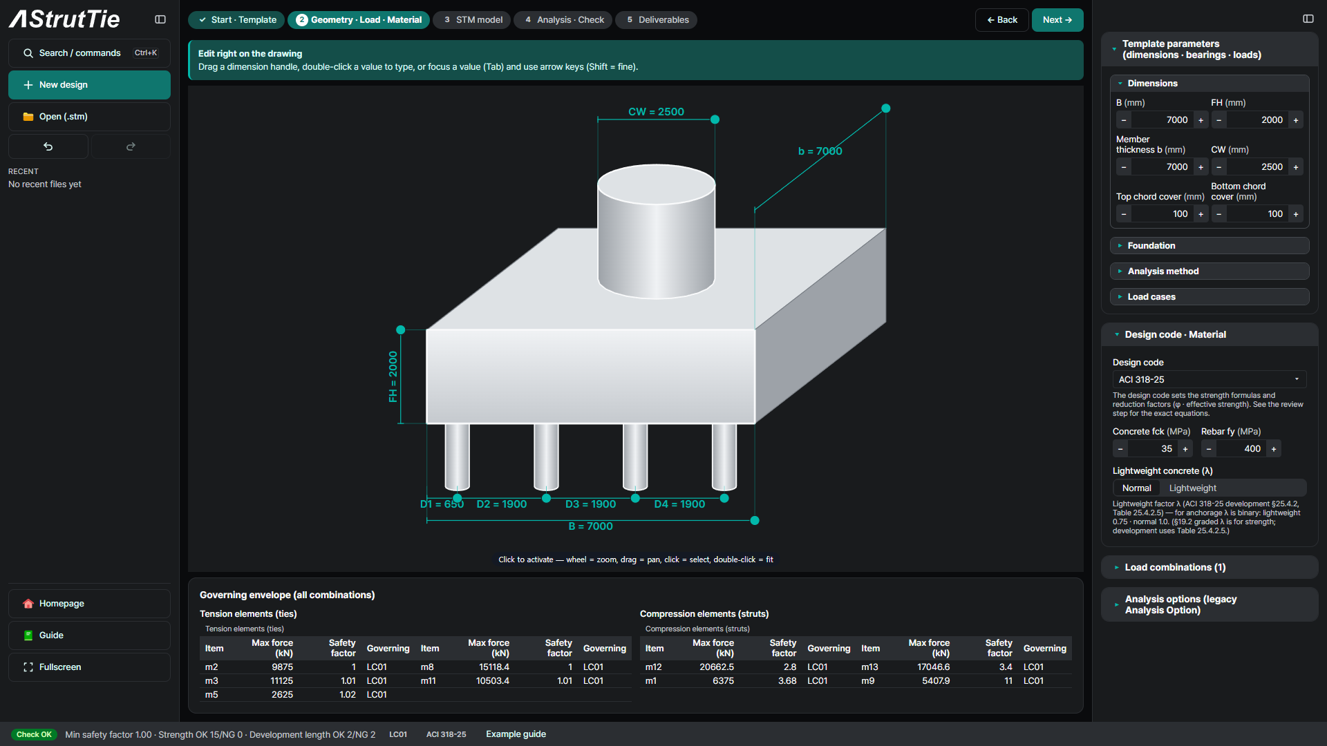 One-column pile-cap footing geometry and dimensions