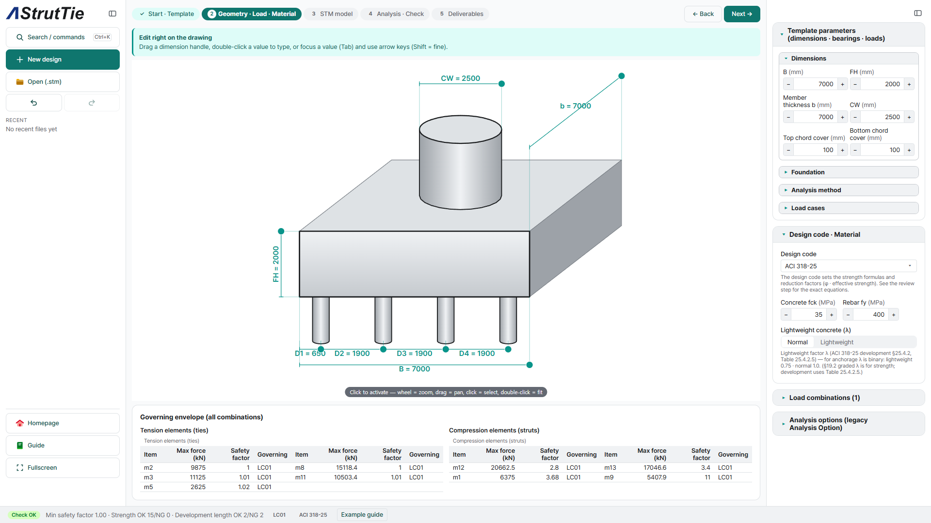 One-column pile-cap footing geometry and dimensions