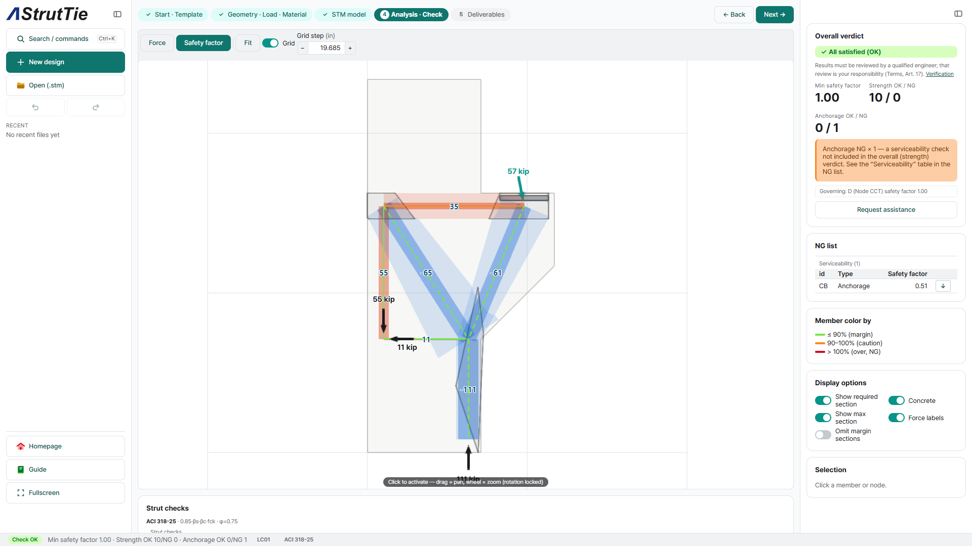 Corbel analysis results with member sections and overall verdict