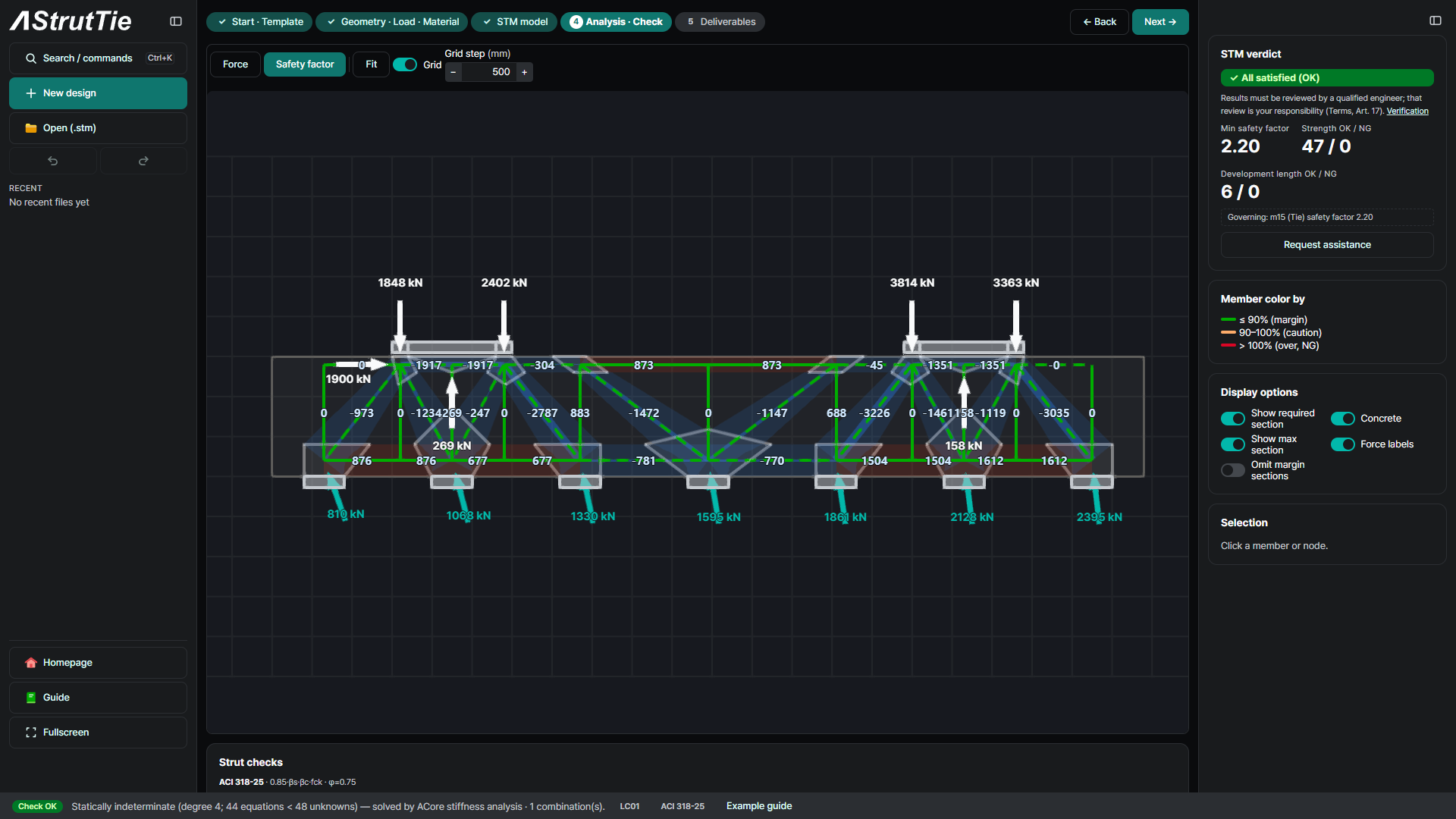 Two-column pile cap analysis results with member sections and STM verdict