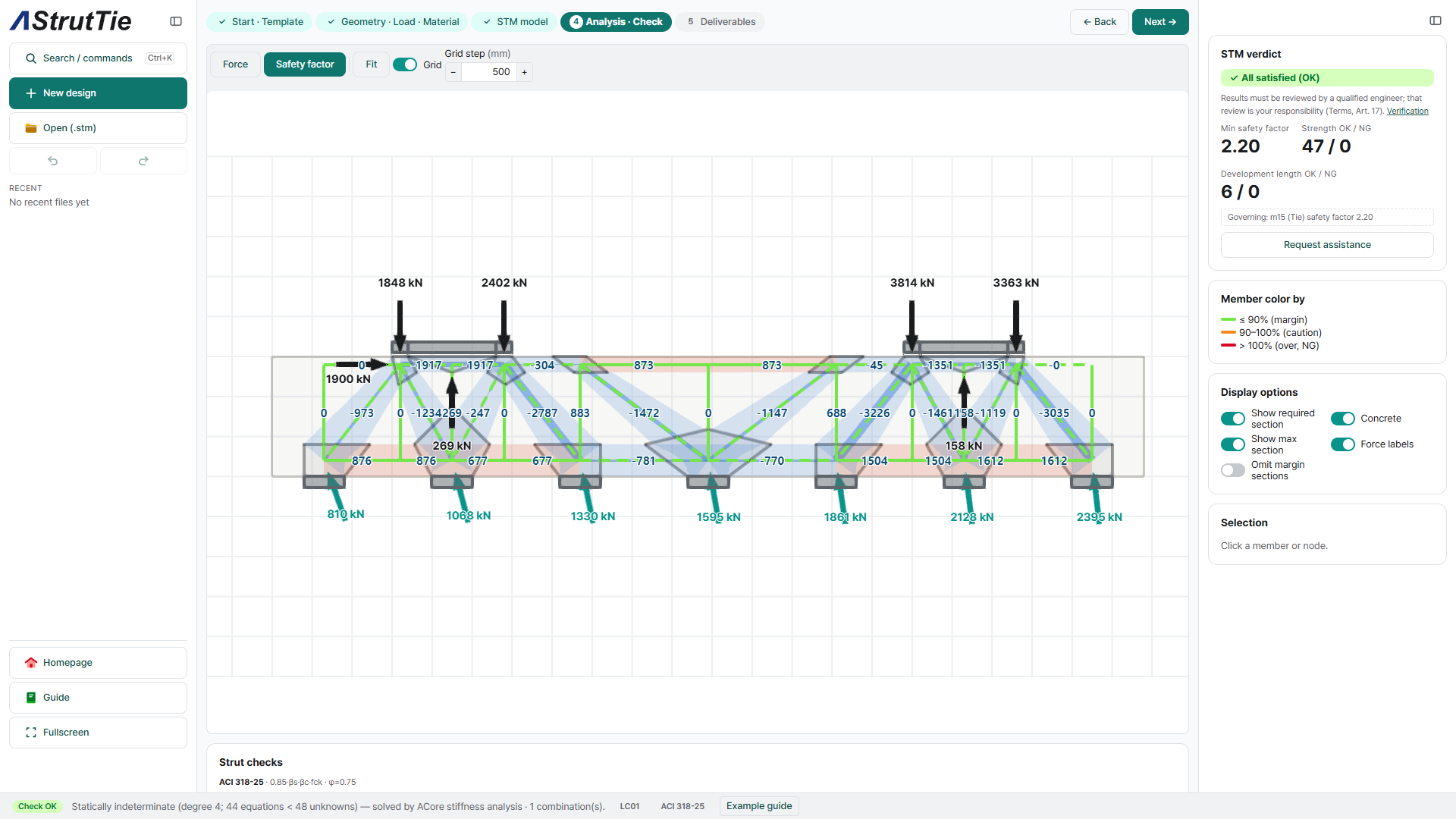 Two-column pile cap analysis results with member sections and STM verdict