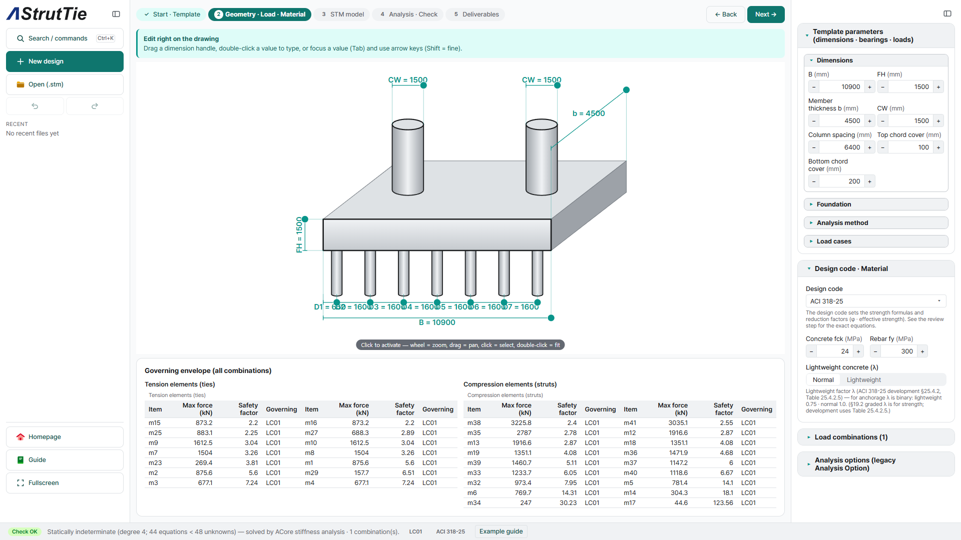 Two-column pile cap geometry and dimensions in AStrutTie