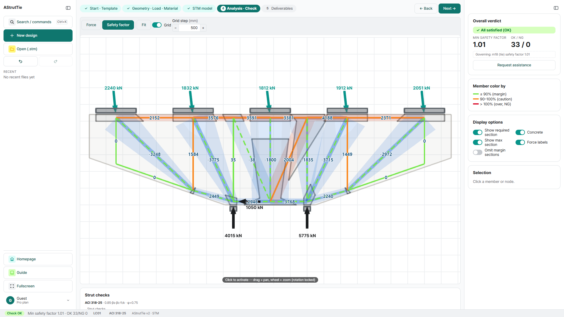 AStrutTie required and maximum section bands on the strut-tie model