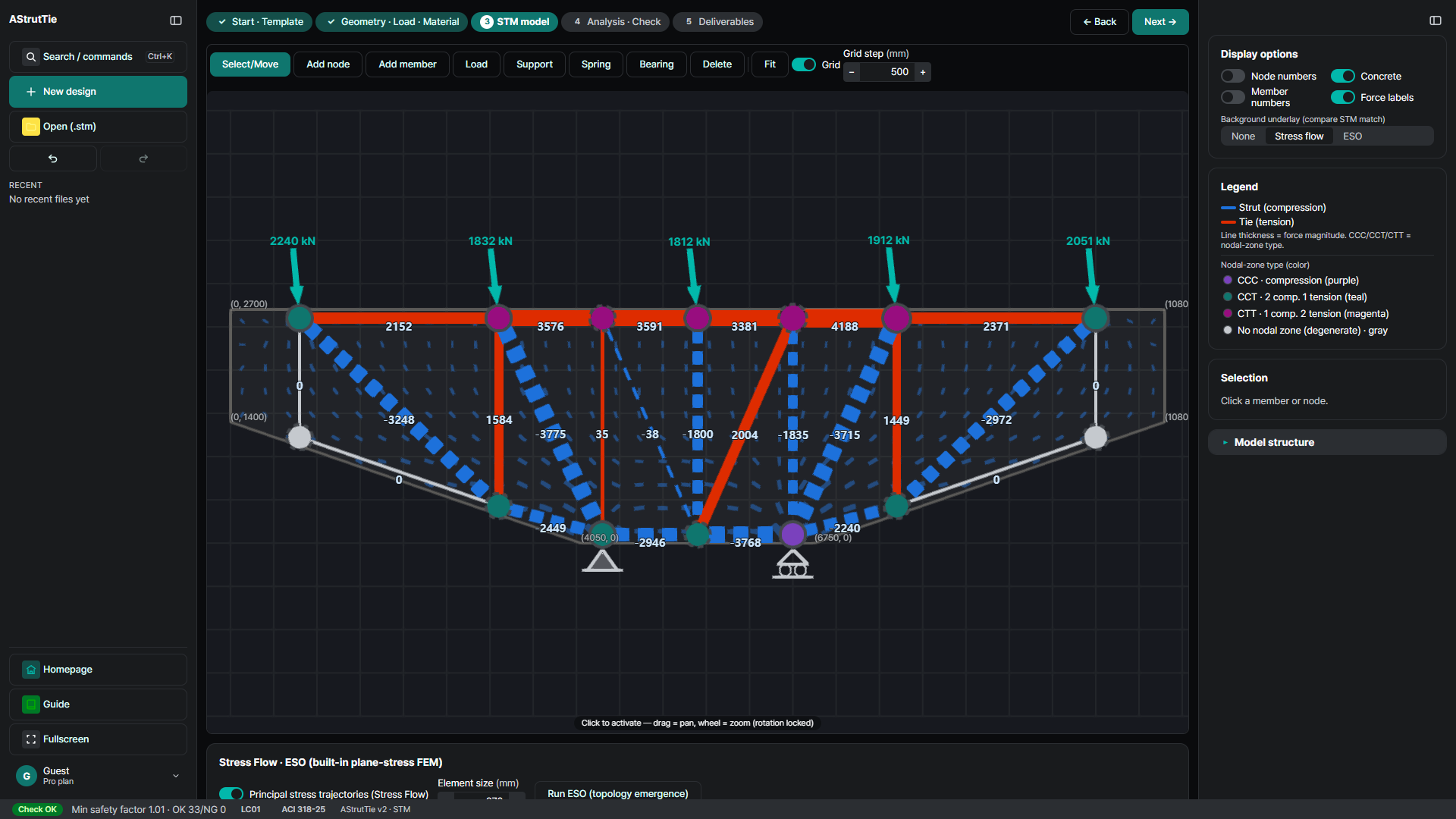 AStrutTie stress-flow underlay behind the strut-tie model