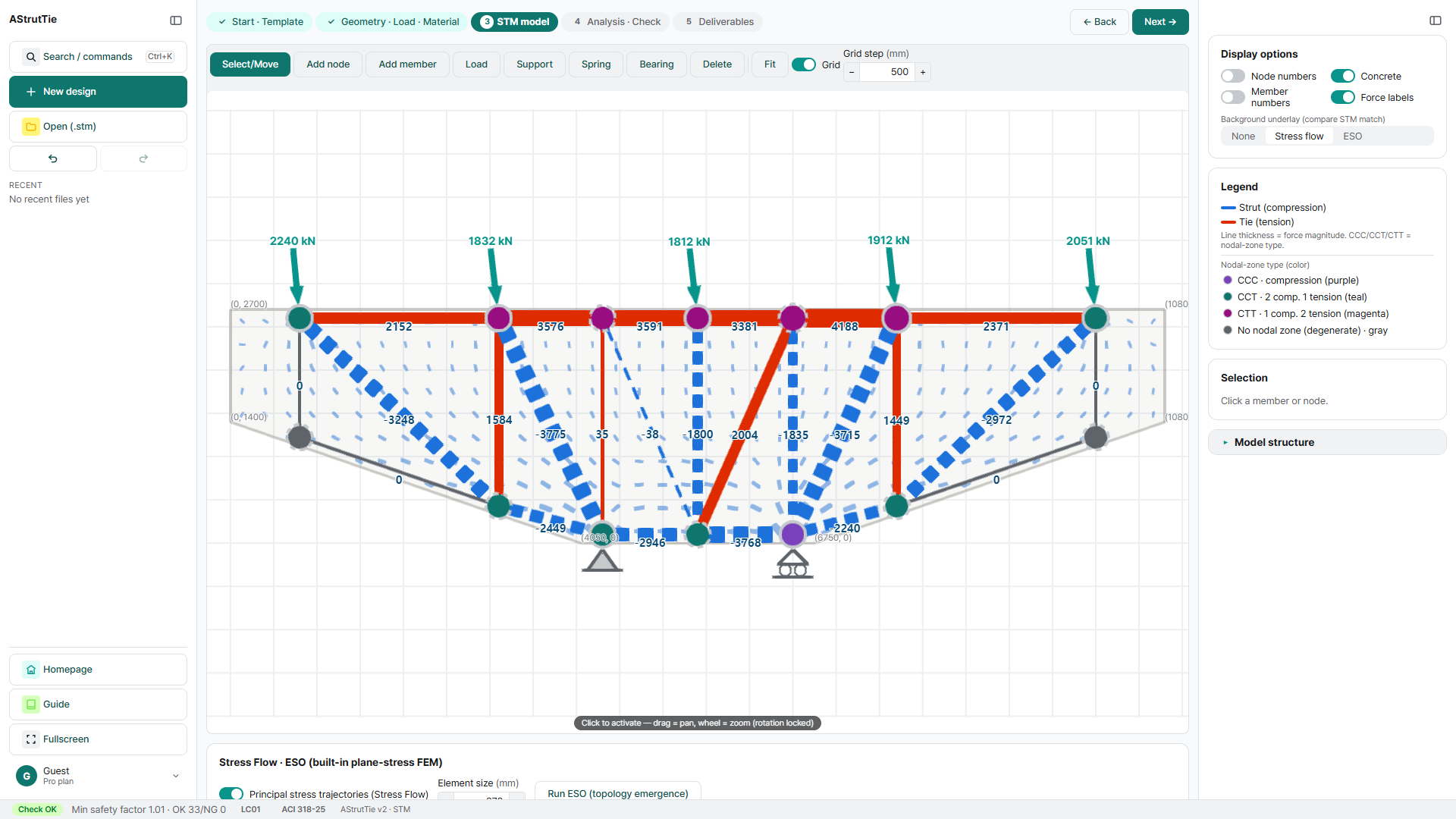 AStrutTie stress-flow underlay behind the strut-tie model
